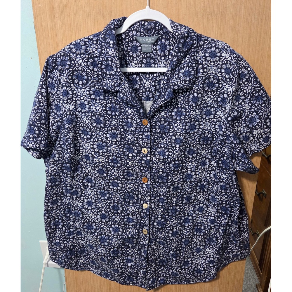 Koret Sz 22W Woman Blue White Floral Print Short Sleeve Button Up Shirt Top